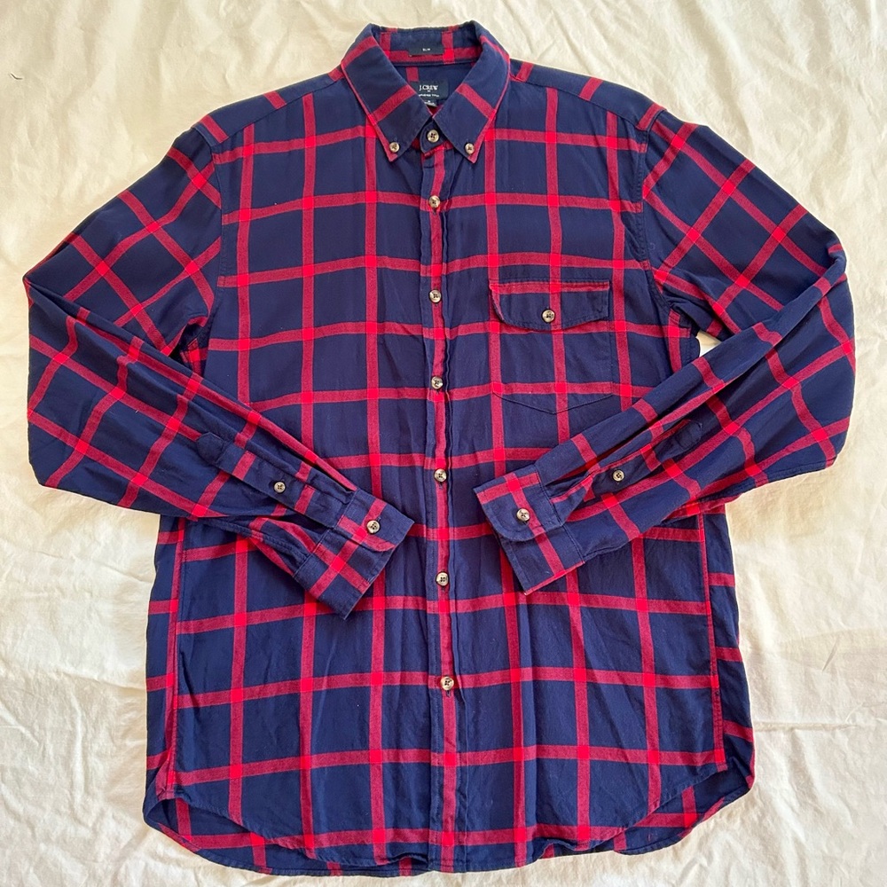 EUC brushed twill button down plaid shirt in classic navy and red check.